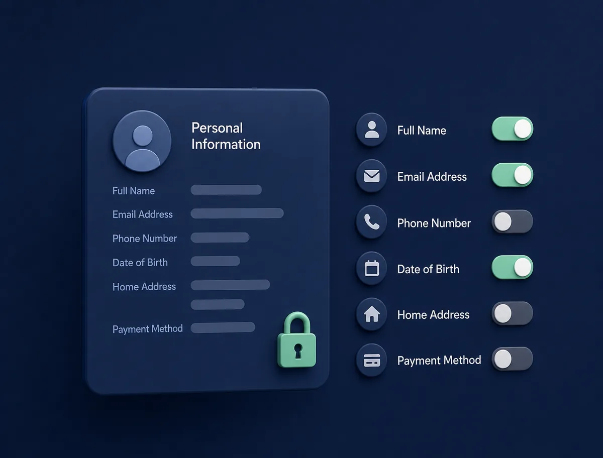 Personal information card protected by a padlock beside toggles showing some details shared and others kept private