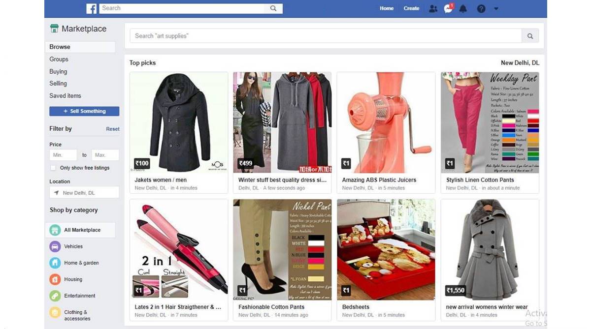 Facebook Marketplace listings grid on a desktop browser