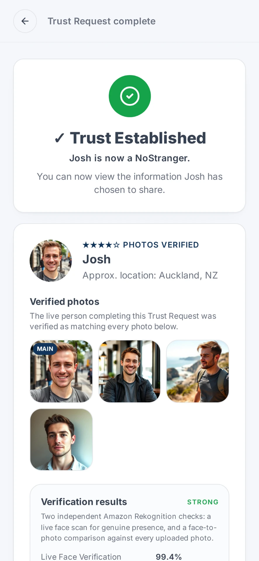 Completed NoStrangers Trust Request showing Trust Established and Photos Verified for Josh