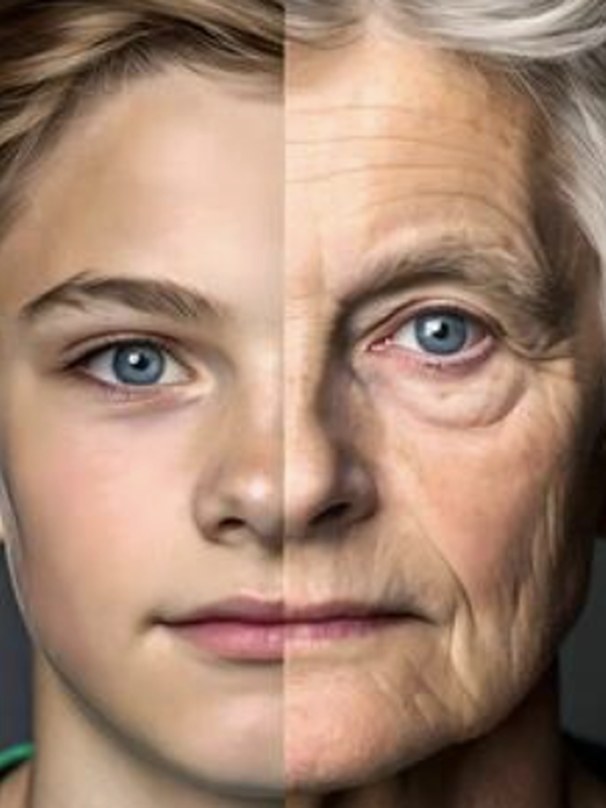 A single portrait split down the middle: a young person on one side and a much older person on the other, showing photos that do not match the same person