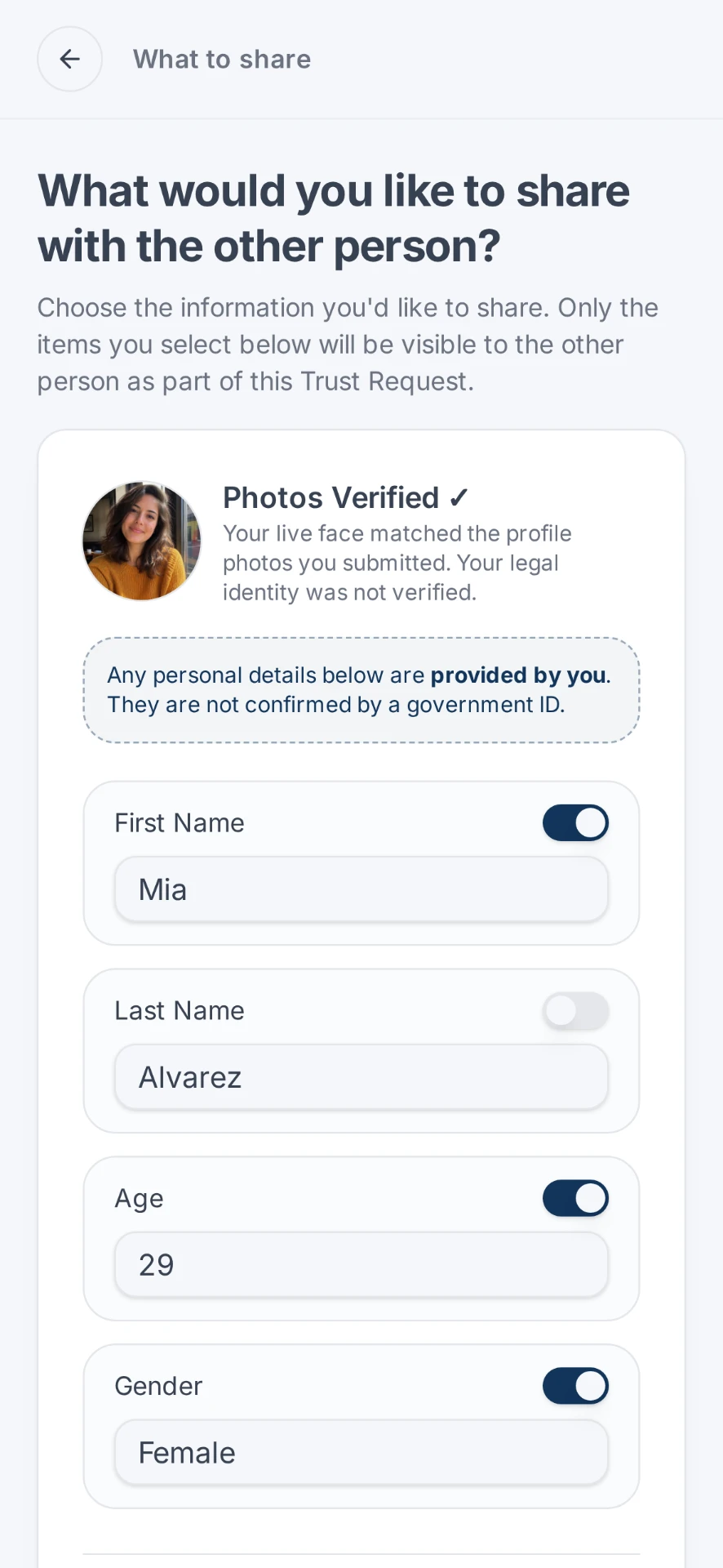 NoStrangers screen with toggles for choosing exactly which verified details to share