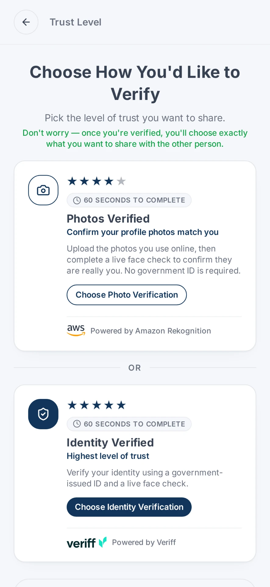 NoStrangers screen choosing between Photos Verified and Identity Verified