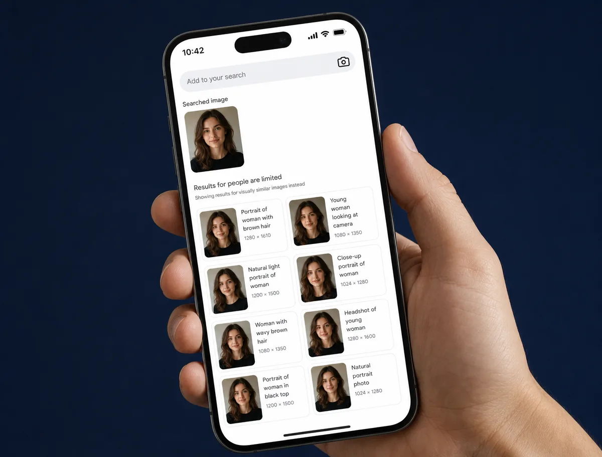 Phone showing a reverse image search: the searched profile photo at the top and a grid of visually similar image results below