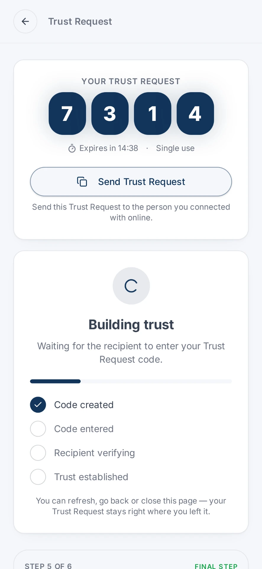 NoStrangers screen showing the generated Trust Request code ready to send