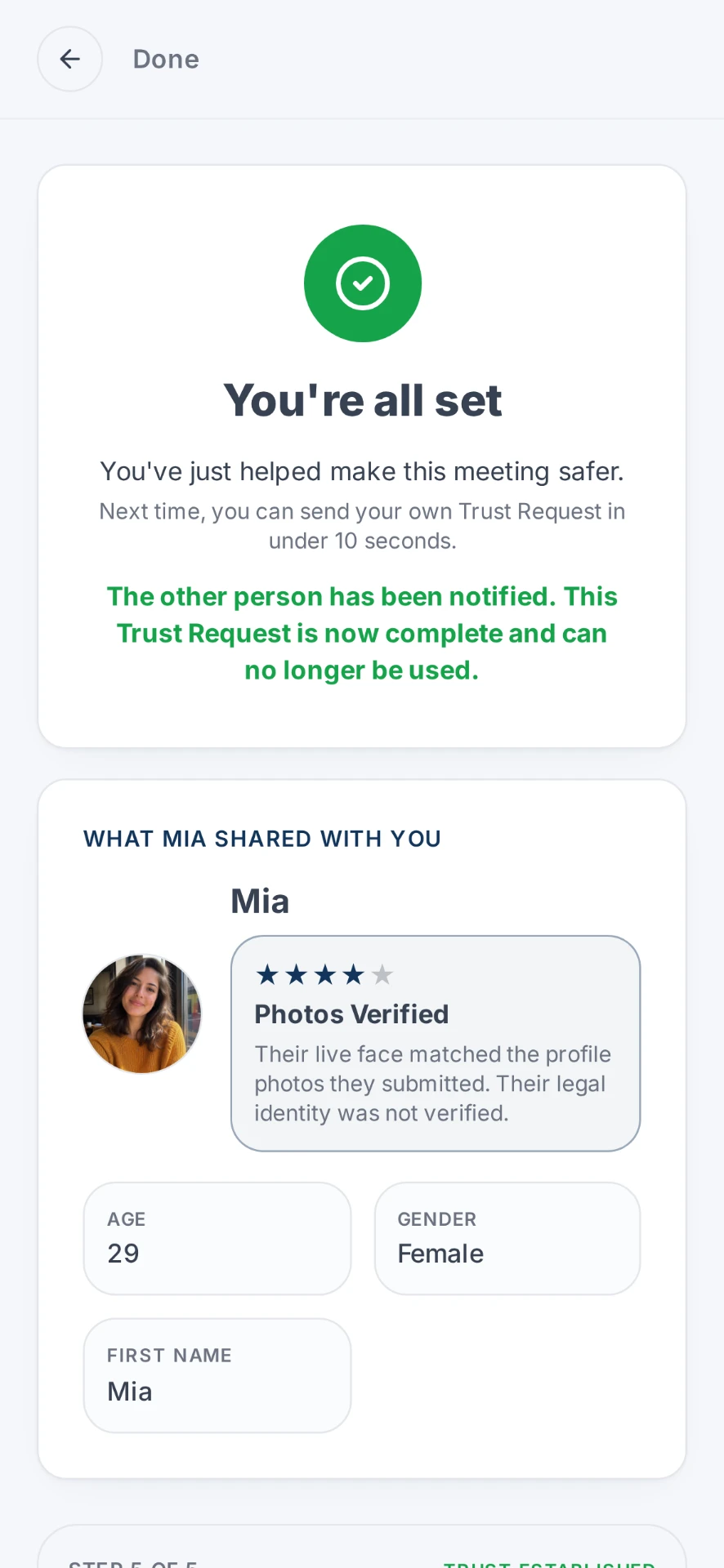 Josh's completed Trust Request showing what Mia shared