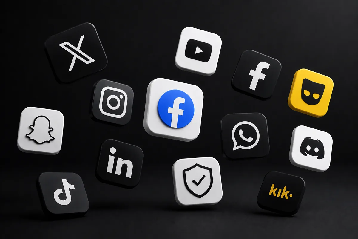 Floating 3D app icons for dating, messaging and social platforms where people first connect online