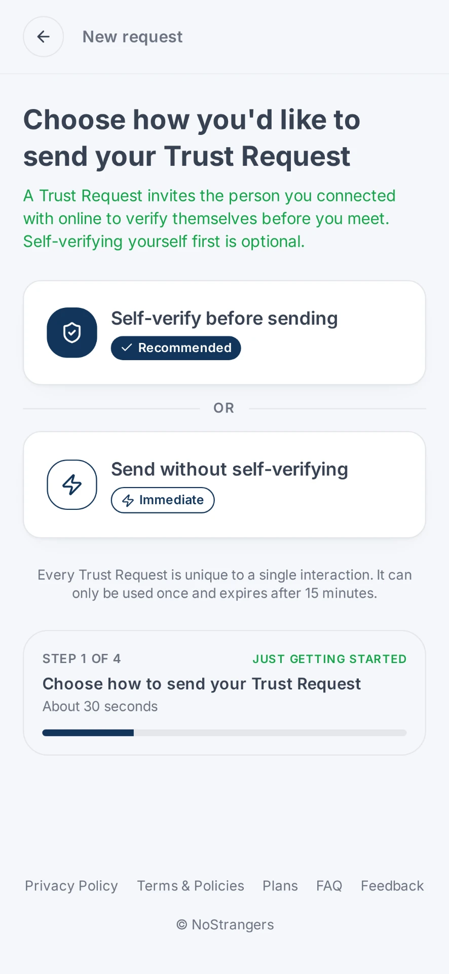 NoStrangers screen offering to self-verify before sending, or send without self-verifying