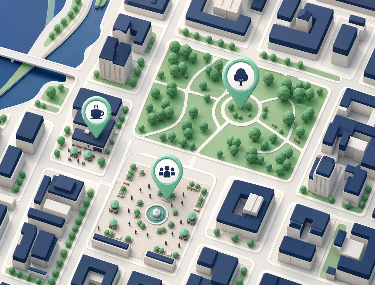 Illustrated map with pins on a café, a park and a public square