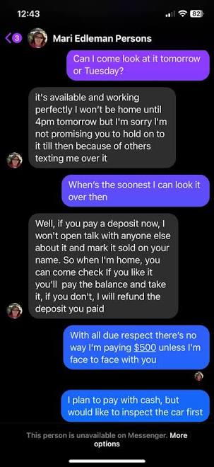 Marketplace chat where a seller pressures the buyer into paying a deposit before seeing the item