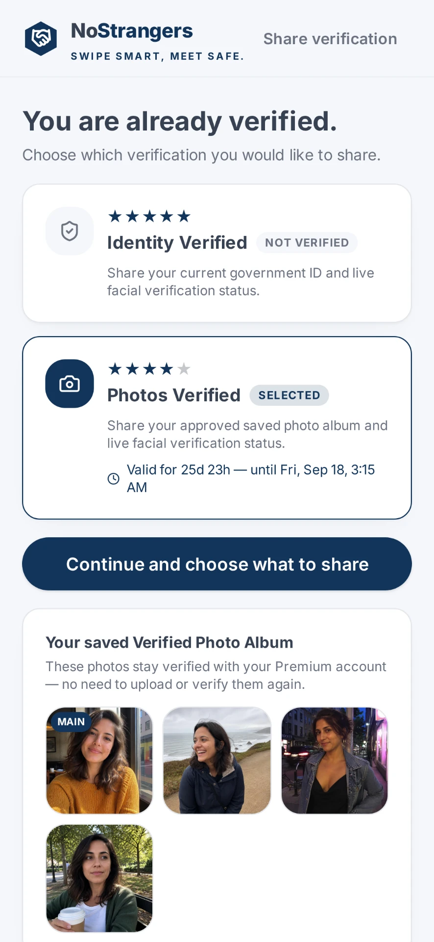 NoStrangers screen showing an existing saved verification that can be reused