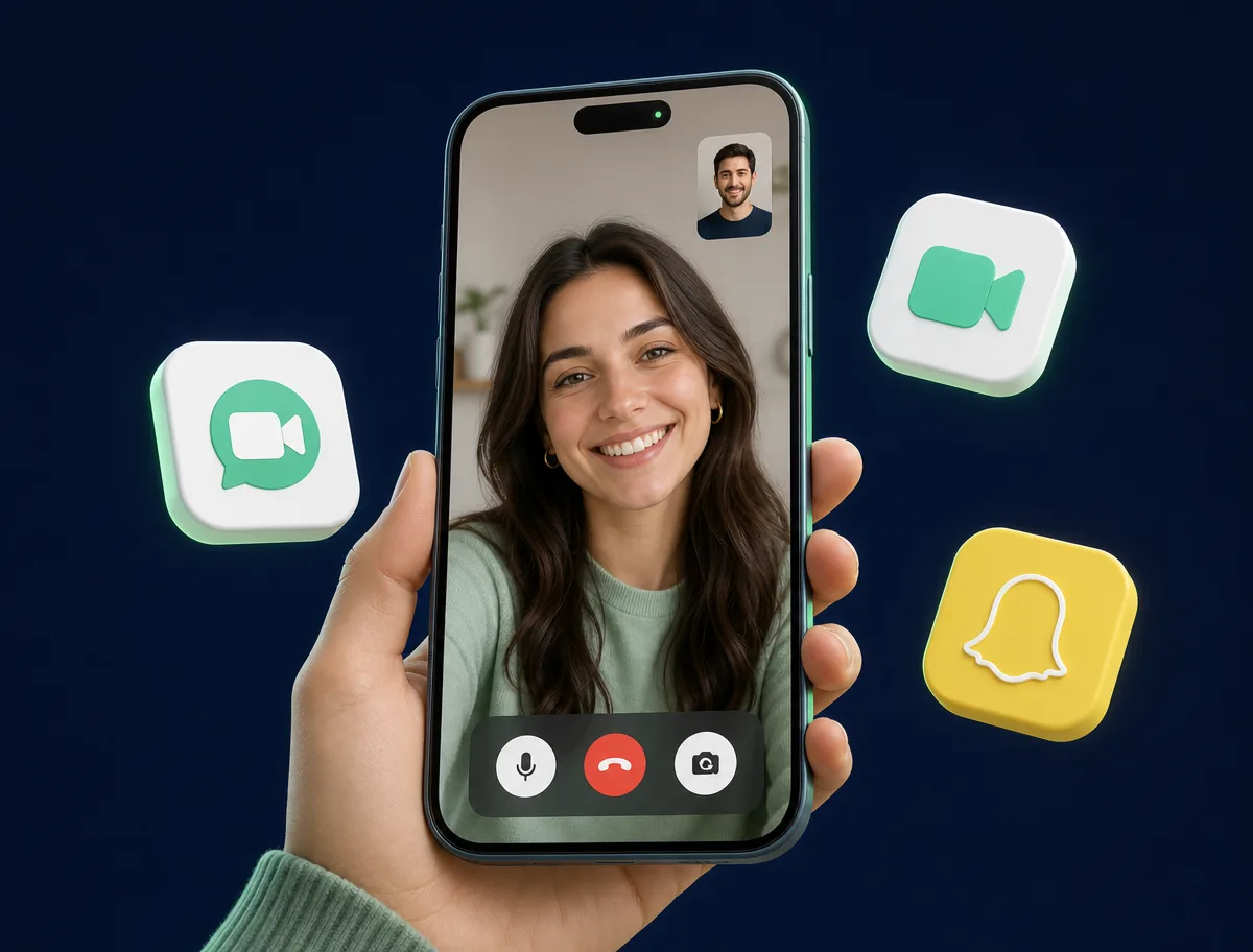 Phone on a live video call with app tiles for familiar video calling platforms floating around it