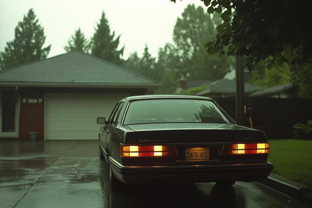 A car parked in an unfamiliar suburban driveway on a wet day