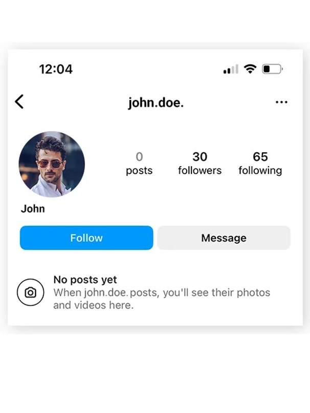 A social media profile open on a phone showing no posts yet, a small number of followers and almost no history