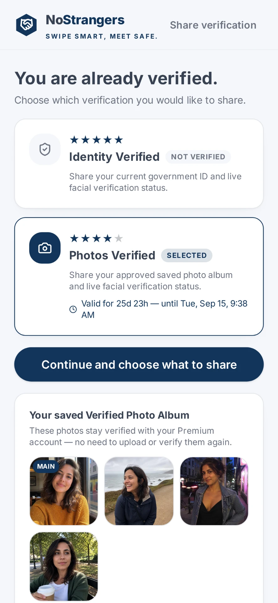 NoStrangers screen showing Identity Verified and Photos Verified options, using a government ID and a live face check