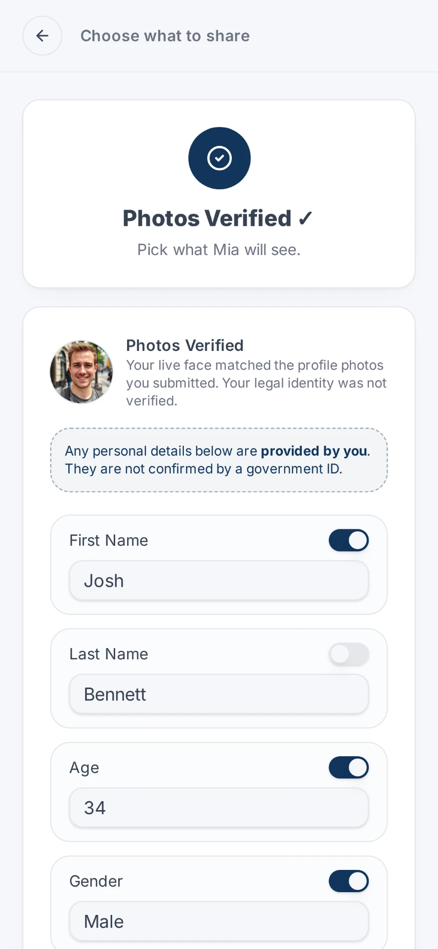 The other person choosing which verified details they share back