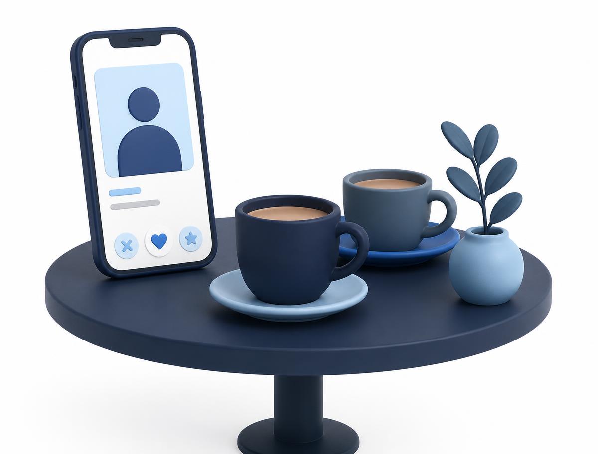 A phone showing a simple dating profile card standing beside two coffee cups on a small café table