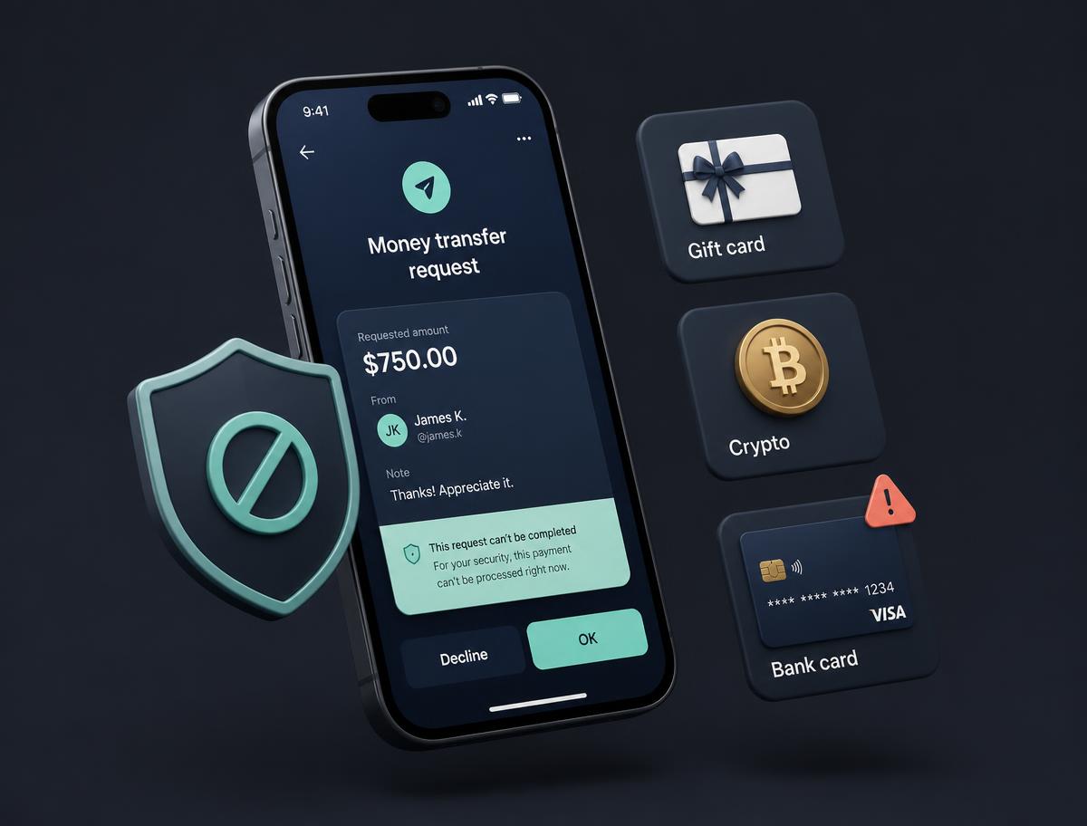 Phone showing a money transfer request blocked by a shield, beside gift card, cryptocurrency and bank card tiles