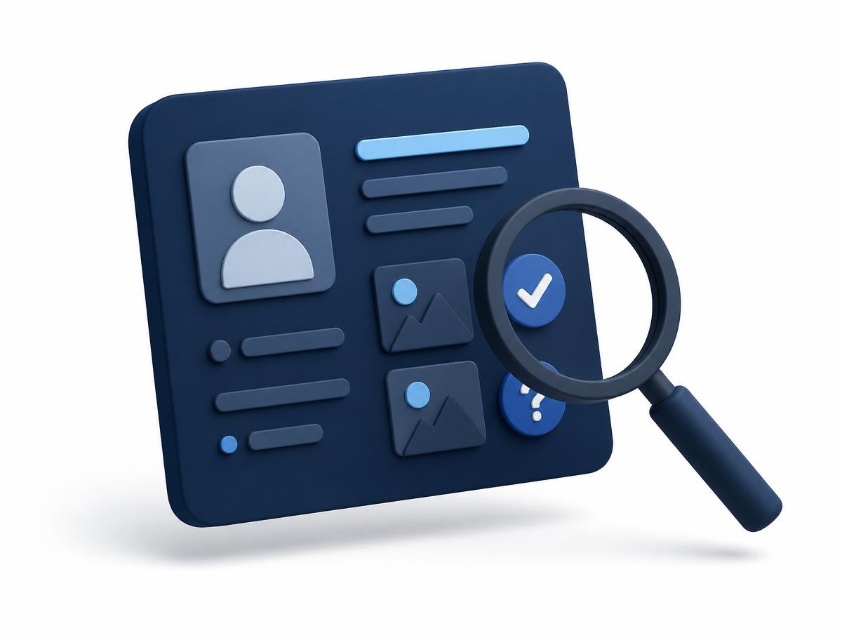 An abstract profile card being inspected with a magnifying glass, with a checkmark and a question mark beside photo thumbnails