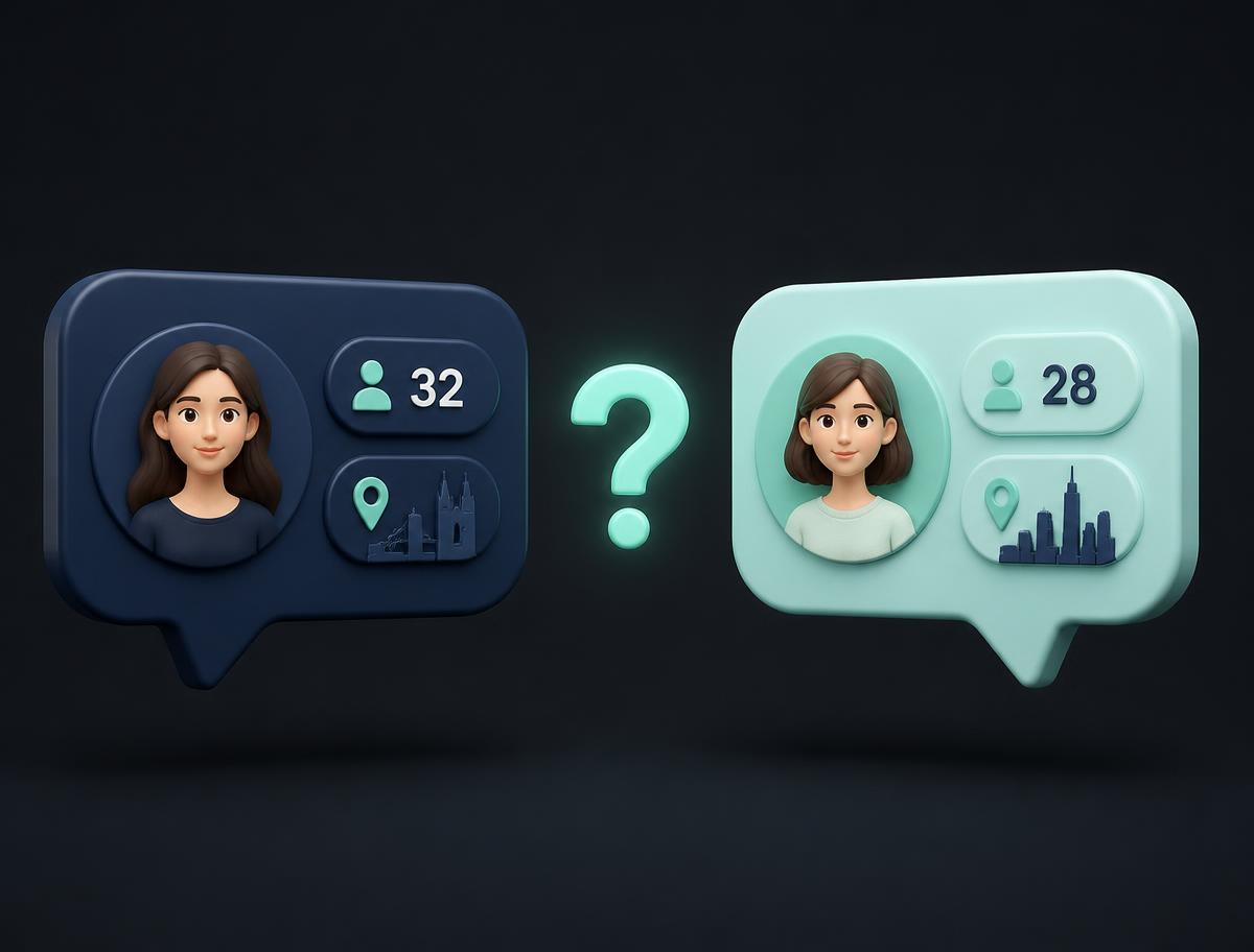 Two chat bubbles side by side showing the same person's details contradicting each other, with a question mark between them