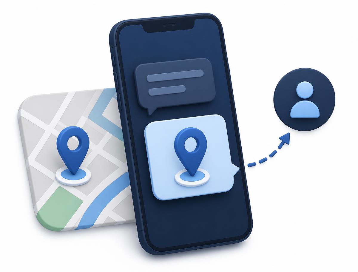 A phone sharing a location pin and a message with a trusted contact, with a small map behind it