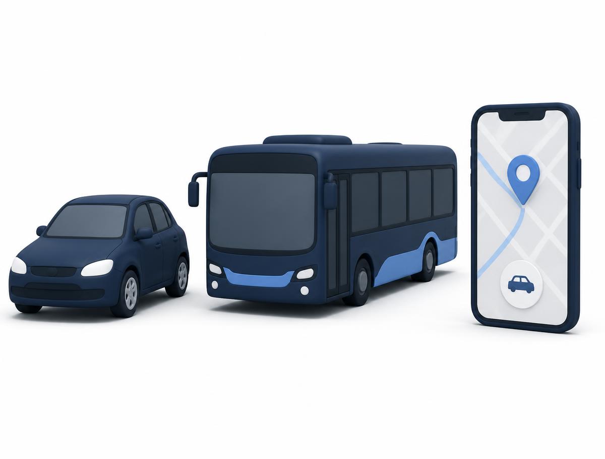 A small car, a bus and a phone showing a rideshare pickup, representing ways to get home independently